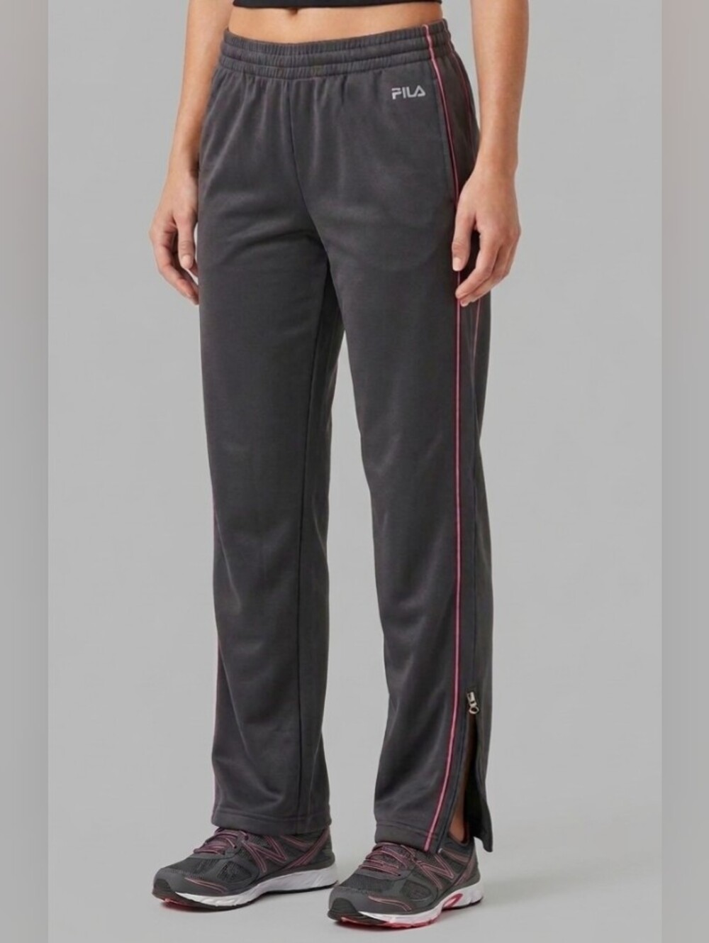 FILA Sport Women’s Large Black Sweatpants Pink Stripe Zip Ankle Comfort